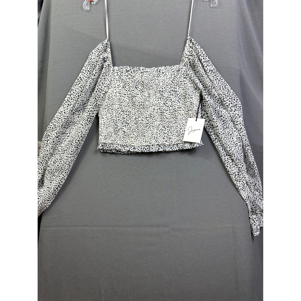 Japna Women's Animal Print Smocked Crop Top Long Sleeve White Black XS TPL33037